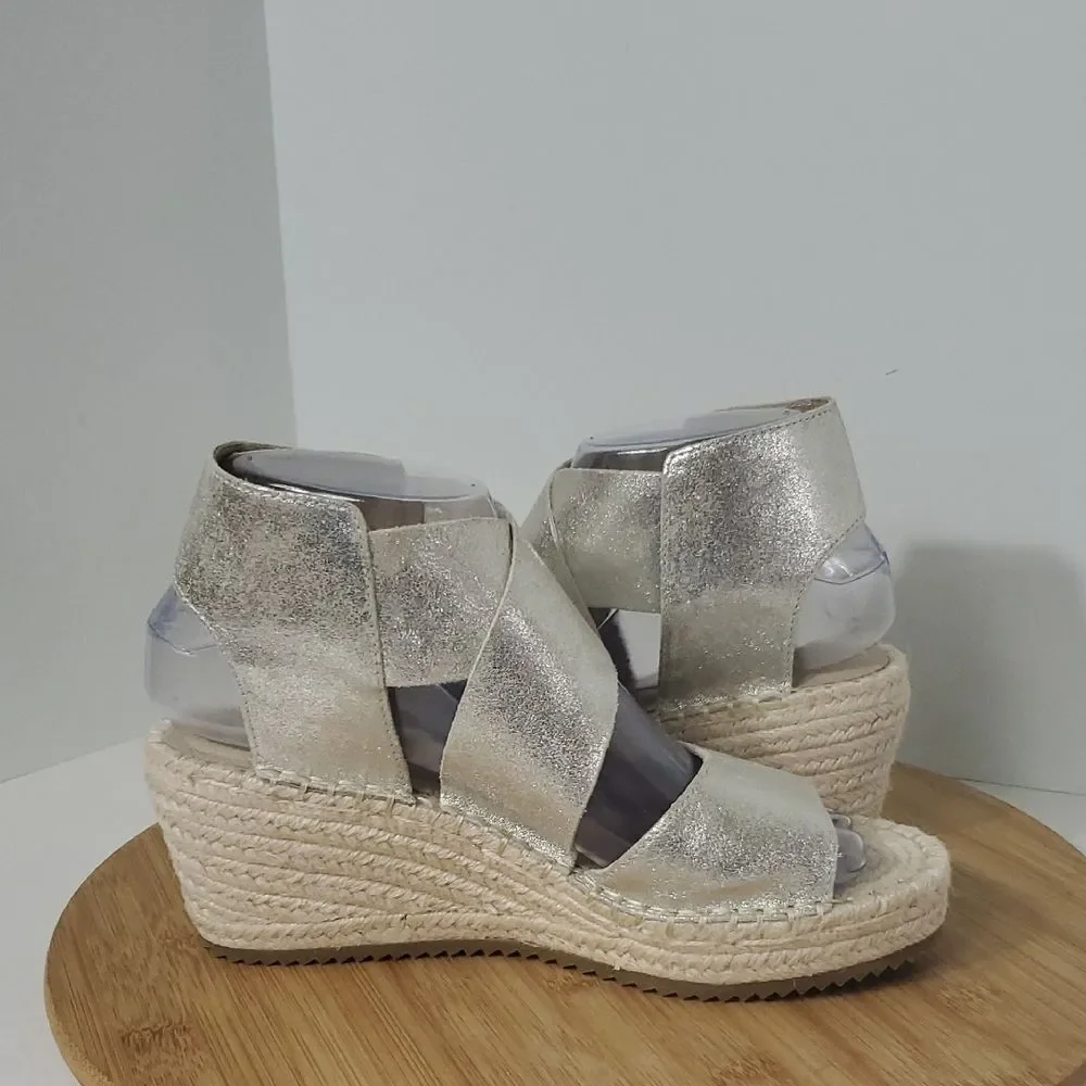 Eileen Fisher Willow Metallic Gold Platform Wedge Espadrille Sandals Women's 7